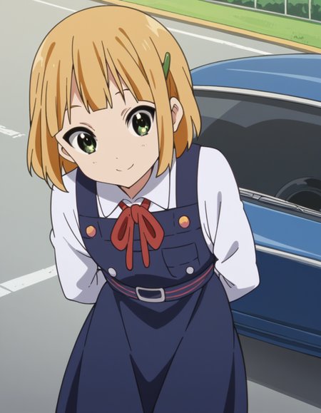score_9, score_8_up, score_7_up, source_anime, <lora:midori-tokiwa-s1-ponyxl-lora-nochekaiser:1>, midori tokiwa, short hair, blonde hair, hair ornament, green eyes, hairclip,, school uniform, pinafore dress, ribbon, red ribbon, long sleeves, blue dress, buttons, long skirt,, parking lot, cars, asphalt, spaces, open, smile, hands behind back, bent over,, looking at viewer, solo,, dutch angle, cowboy shot