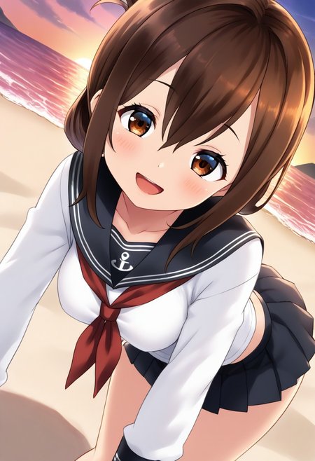 score_9,score_8_up,score_7_up,source_anime,anime, BREAK, 
yapo, 
1girl, inazuma \(kancolle\), (medium breasts), (shortstack:1.0), brown hair, folded ponytail, long hair, brown eyes, (tareme:1.2), 
serafuku, black sailor collar, black mini skirt, long sleeves, neckerchief, sailor collar, 
(smile), small open mouth, 
head tilt, leaning forward, 
(angle:random),  
outdoors, warm light, beach, sunset,