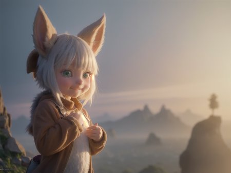 (8k, RAW photo, best quality, masterpiece:1.4), ultra high res, (realistic, photo-realistic:1.48), omertosa,(aegyo sal:1), wet,cute professional lighting, detailed lighting, photon mapping, radiosity, physically-based rendering, European, backlighting, depth of field, natural lighting, hard focus, ((film grain)), one meter shooting distance, professional photoshoot, photographed with a Sony a9 II Mirrorless Camera cathedral, looking at the reviewer, (best quality:1.3), nanachipants, 1girl, 18 y.o woman, solo, furry, fur, fluffy nanachi \(made in abyss\), nanachihat, nanachipants, standing, looking at viewer, smile  <lora:nanachiFromMadeIn_v10:0.8>