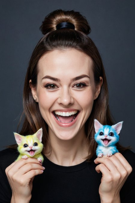 by  Lori Earley  and  Olga Skomorokhova in the style of  teamLab ,  cute happy woman holding up two minature pets, maniacal laughter <lora:happy:0.35> <lora:maniacal_laughter:2.25> , digital oil pastel on canvas<lora:oil_pastel:1.00> of a cinematic photo <lora:juggernaut_cinematic:1.00>  <lora:more_art:0.30><lora:RMSDXL_Enhance:0.50><lora:RMSDXL_Creative:0.50><lora:RMSDXL_Photo:0.50><lora:RMSDXL_Darkness_Cinema:0.50><lora:clothing_slider:2.00><lora:great_lighting:1.50><lora:aesthetic:1.50><lora:photorealistic_portrait:1.50><lora:extremely_detailed:1.50><lora:midjourney:-0.15><lora:dpo:0.25>