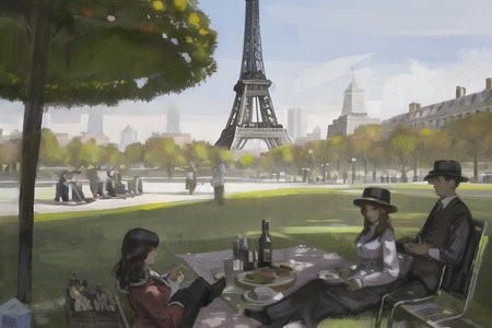 a painting of people sitting in a park near the eiffel tower in paris, france, with a picnic table and a tent
