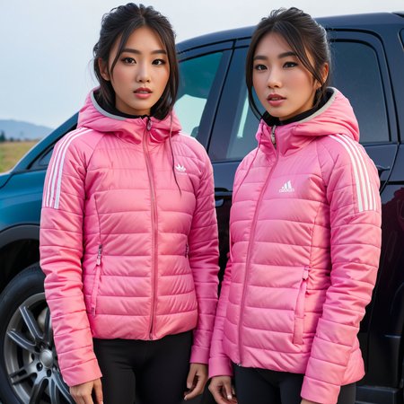 (dark cinematic still, dark vibes) sexy slim skinny group of asian short women ,unique, wearing a hooded pink  from high collar black adidas_puffer_jacket, unique hair styles, 8k uhd, dslr, high quality, photorealistic, realism, hyperrealism,  ((car scene)), 
<lora:adidas_puffer_jacket_v1:1> <lora:DetailedEyes_V3:1> <lora:add-detail-xl:3> <lora:Collar-SDXL:0.7> <lora:Cuffs-SDXL:0.7>