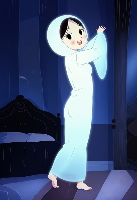 zPDXL3, source_cartoon, Perfect Hands, full body,
1girl, solo, aged down, bedroom, looking at viewer, saoirse, black hair, black eyes, blush, ghost, hood up, robe, barefoot, glowing, dancing on bed, from behind, facing at viewer, feeling cold, eyes open, smile, open mouth, sleeve past wrist, slim body, long body, highlight cloth wrinkle, anime style, kicking,
<lora:Perfect Hands:1>  <lora:Saoirse_-_The_Song_of_the_Sea-000009:1>