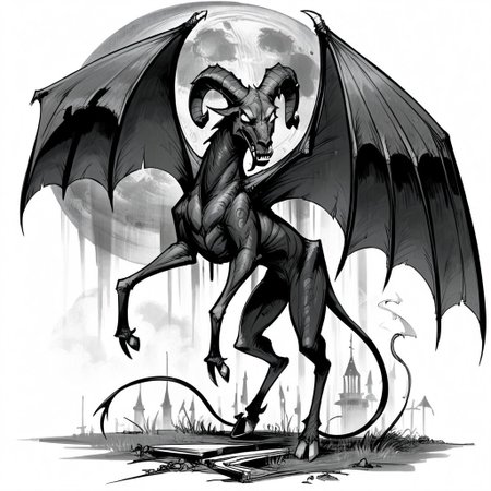 Score_7_up, score_8_up, csr style,full body, jerseydevil, monster, wings, long tail, full body, curled horns, feral, black skin, blank eyes, white eyes, hooves, farmland, nighttime, full moon, monochrome, black and white