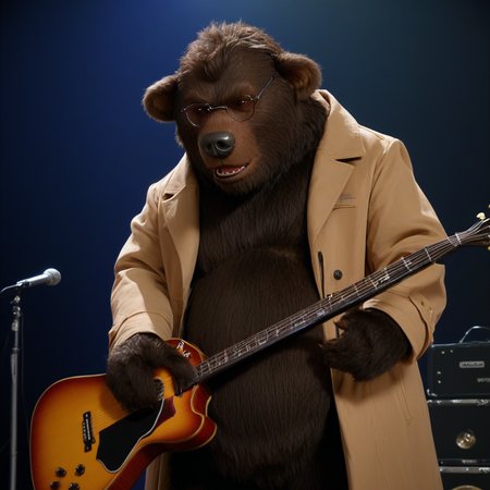ted bedderhead, big bear, tall, dark brown fur, belly, standing tall, glasses, black nose, wearing coat, playing a guitar, in a music hall