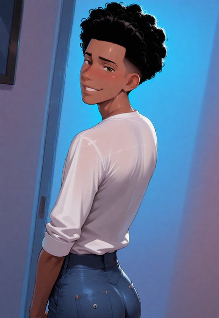 score_9, score_8_up, score_7_up, Masterpiece, Best Quality, beautiful eyes, detailed eyes, male focus, dynamic angle, dim lighting, blush lines, male focus, solo, face focus, back, back view, looking back at viewer, seductive smile, teeth, cowboy shot, standing,

((male)), ((mature)), ((adult)), handsome, sexy, ((skinny)), ((slim)), ((slender)), ((twink)), white shirt, tight blue jeans, small ass,

M1lesMorales, dark skin, black hair, curly hair, undercut, hazel eyes