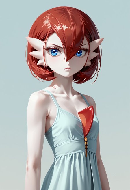 (((Gardevoir))), Female, anthro, ((pale white skin)), Stable_Yogis_PDXL_Positives, zPDXL3, Expressiveh, score_9, score_8_up, score_7_up, masterpiece, source anime, Anime Style, Raw Photo, midjourneyv6.1,
dutch angle, dynamic light, 
1girl, solo, adult and mature look, 40 years old, older looking, ((short hair)), flatchest, looking at viewer, serious look, (blue eyes), flat chest, ((red hair)), (gardevoir dress), detailed dress, hair between eyes, closed mouth,  covered shoulders, flat chest, upper body,  casual dress,  eyelashes, ((plain background)), (((croma key background))), (lineless:1.5), FastNegativeV2
