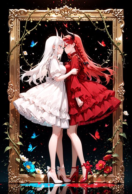 lazympos, adult, newest,absurdres,incredibly absurdres, best quality, amazing quality, very aesthetic,
2girls, multiple girls, white hair, long hair, red hair, single braid, red frilled dress, horns, white frilled dress, high heels, white footwear, red footwear, grabbing another wrist, full body, face-to-face, profile, black background, gradient background, picture frame, red butterfly, blue butterfly, (flowers), vines, gradient, surreal,