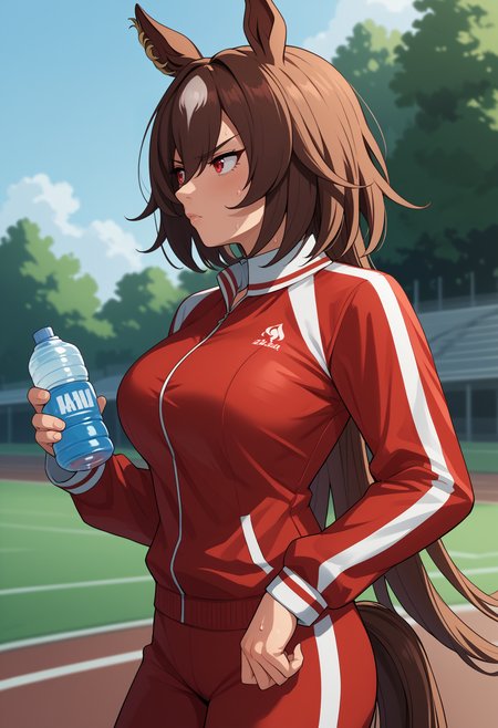 score_9, score_8_up, score_7_up, source_anime, <break> solo, 1girl, sirius symboli, horse tail, sweat, looking away, standing, holding water bottle, streaked hair, brown hair, white hair, animal ears, ear ornament, red eyes, track suit, red jacket, track jacket, red pants, large breasts, outdoors, park
<segment:yolo-face_yolov8m.pt,0.4,0.5//cid=1>