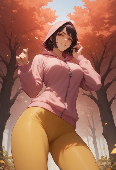 score_9, score_8_up, score_7_up, score_6_up, Sabr1nA, Expressiveh, masterpiece, best quality, BREAK 1girl, solo, smug face, thin, open eyes, brown eyes, medium breasts, black hair, bob haircut, medium hair, ((short pink hoodie with hood and zipper)), seamless yellow leggings, standing, looking at viewer, hand up, twists a hair around her finger, BREAK low angle, cowboy shot, standing under trees, daylight, beautiful lighting, the shadows of the foliage on her face, subsurface scattering