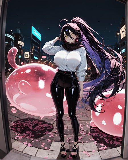 earrings, Northern lights hair, light skin, wide-leg_pants, vhs tape aesthetic, ponytail, Exhausted expression, sandals, depth of field, platforms, fisheye, Neon Ruby Theme, springtime_details, Fantasy floating city market square., 8K, gentle_shadows, very aesthetic, absurdres, motion_lines:1.1, slime_(creature), bell_sleeves_top, huge breasts, masterpiece, Standing with one shoulder raised, motion_blur:1.1, Albedo (Overlord), ambient occlusion, blurry foreground, delicate_curves, 1boy, Sunny/Clear, newest, anime character, absolutely eye-catching, garden_view, amazing quality, ultra-detailed, petal_sheen, long_nails, nail_polish, scarf, slime_(creature), very long hair, HDR, cherry_blossom_pinks, best quality, 1girl, Iridescence / Opalescence