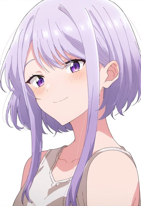 score_9, score_8, score_7, source_anime, amasawa kyou, 1girl, solo, upper body, blush, smile, anime coloring, shirt, closed mouth, bare shoulders, portrait
