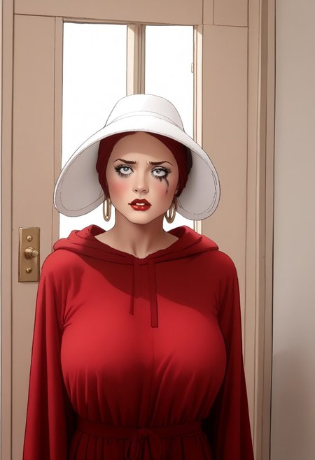 score_9, score_8_up, score_7_up, score_6_up, adult beautiful woman,   (chiaroscuro lighting) 
source_cartoon,   f3rn4nd0, (line art), 
 solo, 
face focus, 
 (1female),  coed 
H4NDM41D,red dress, hood, red_robe, hooded_robe, bonnet, white_headwear, 
(gigantic breasts), (huge breasts), fully clothed, 
blond hair,
red lipstick, long eyelashes, slutty makeup,  mascara
((blushing)),  
 biting her lip,  
(extremely thin), (skinny thin), (anorexic thin),
standing in doorway,