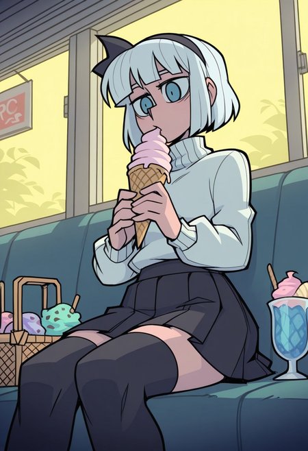 score_8_up, score_7_up, score_6_up, score_5_up, score_4_up, masterpiece, best quality, masterpiece, best quality, aesthetic, alone, solo, super aesthetic, intricate details, vanripper, lighting, female focus, perfect eyes, colorful, BREAK, ((Konpaku Youmu, calm, relaxed, sitting, black skirt, skirt, black thigh highs, white turtleneck, ice cream, munch))