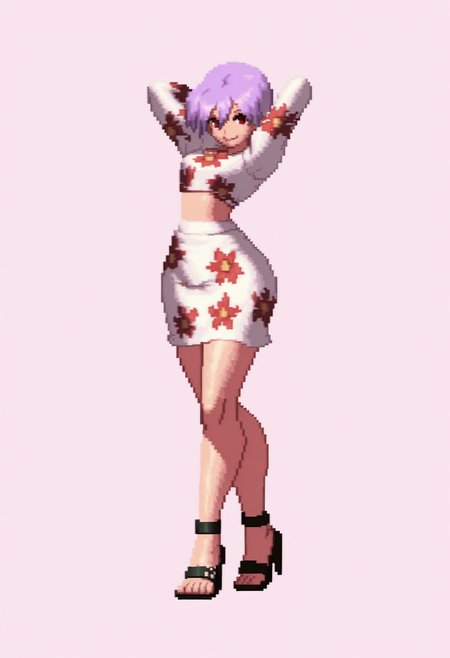 masterpiece, best quality, 1girl, solo, smile, looking at viewer, <lora:KOF-XIII-SpritesV2-illus_Fp:1>, full body, simple background, pixel art, <lora:Lilith-illus_Fp:1>, lilithflo, red eyes, purple hair, short hair, hair between eyes, midriff, floral print, crop top, white skirt, print shirt, print skirt, long sleeves, white shirt, sandals, high heels, arms behind head,