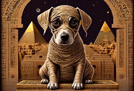 H.P. Lovecraft book cover (cute dog:1.2) in (eddie:1.5) style, looking like a mummy, in egypt, pyramids,  hyper detailed, highly intricate,,,. Unnamable ancient one, incomprehensible sanity-blasting geometries, cosmic horror