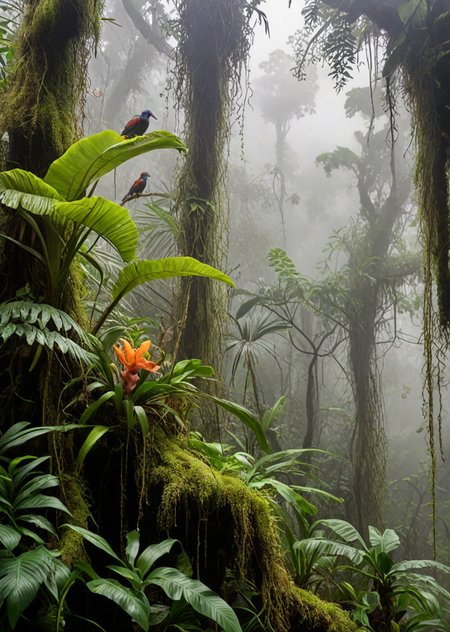 a misty cloud forest, epiphytes, orchids, exotic birds (masterpiece:0.99), (high image quality:1.08), (RAW:0.81),subsurface tering,(high resolution photograph:1.28),high definition,amazing quality, (aesthetic:1.08), absurdres, <lora:LCMTurboMix_Euler_A_fix.safetensors:0.96:0.3>  p2,s1