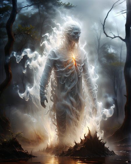 beautiful digital artwork of the earth soil elemental with filigree water features,stunning humanoid essence made of glowing liquid fire and dirt and dynamic earth energy in dark windy storm,white fog,in style by Dave White,Dan Mumford,Cyril Rolando and M.W Kaluta,hyperdetailed,amazing depth,(trees,water wind fire earth:1.1), amazing artwork by head of prompt engineering,<lora:Aether_Ghost_v1.1_LoRA:1> <lora:magik_smoke_v1.1:1>  <lora:fog_creatures_v4:0.6>