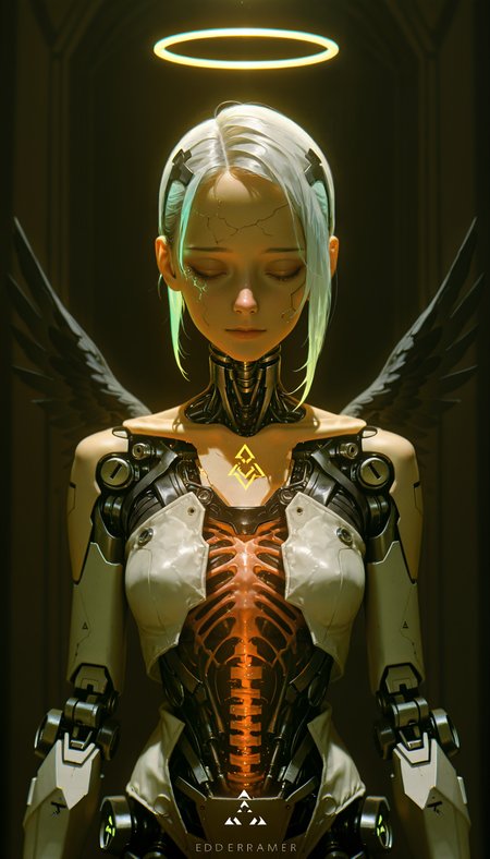 (absurdres, highres, masterpiece, absurdly_hires, best_quality, depth_of_field, cyberpunk, futuristic, science_fiction, biomechanical, mechabare, textured_hair, textured_clothing, skin texture, realistic, blender_\(artwork\), photo-referenced, photo_background)
(dre4mingde4th, looking_up, solo, upper_body, cyborg, female, mechanical_face, cracked_face, damaged_face, broken_robot, exposed_internal_machinery, robotic_jaw, closed_eyes, glowing_halo, black_wings, cinematic_lighting, detailed_mechanical_design, android, unsettling_beauty, serene, white_skin, dark_background, ethereal, angel, (damaged_face:1.3), (exposed_internal_machinery:1.3), (mechanical_parts:1.2))