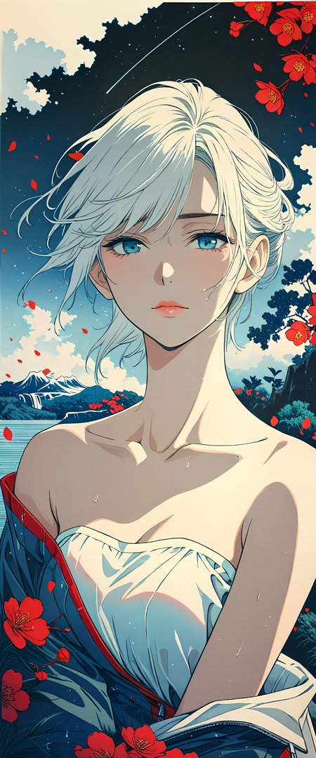 masterpiece, best quality, very aesthetic, absurdres, Professional Fashion concept, Ukiyo-e art styles, woodcuts style, by Uemura Shoen and Hiromu Arakawa, KHsty-XL, <lora:KHsty-XL-v3-AN:0.5>, 
break
1girl, supermodel, aged up, mature, detailed beautiful face, lips, crazy, Japanese beauties, feminine one-piece with a floral-printed top, ruffled straps, and a solid-color bottom,, strapless, off shoulder, bare shoulders, collarbone, looking away, dynamic pose, from side, perfect composition, perspective, depth of field, bokeh,
break
dark scenery, storm, wind, rain, mist, ocean, waterfall, cloud, flowers, plum blossoms, floral, birds, cherry petals flying in the air, leaf, plant, tree, lush green rice paddies, moon, moonlight, cliff, wind effects, galaxy, starry sky, nebula, shooting star, milky way, The Beauty of Nature, The Aesthetics of Nature, Zen-tangle,
break
cinematic, highly detailed, extremely detailed, intricate details, fine texture, crisp detail, crisp edges, muted minimal, line art, iridescent, high contrast, shadows, chromatic aberration, HDR high dynamic range style, <lora:HDR high dynamic range style:0.5>,
break
<lora:Midjourney Image Enhancer XL v1:0.5>, <lora:MJ52:0.5>, <lora:VOGUE_Fashion_Magazine_Cover_Vintage_1960-1975_SDXL:0.5>, <lora:sinfully_stylish_SDKL:0.1>, <lora:Desolation:0.1>, <lora:add-detail-xl:1.5>,