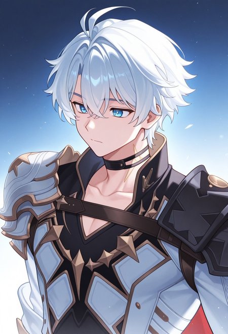 masterpiece,best quality,amazing quality, source_anime, 
Phainonhsr, 1boy, male focus, solo, blue eyes, white hair, black choker, neck tatto, shoulder armor, shirt, black shirt, coat, white coat, cape,