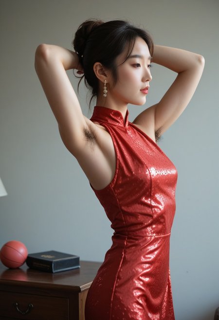 score_9, score_8_up, score_7_up, ladyburns, sideburns, 1girl, solo, jewelry, earrings, brown hair, asian, profile <lora:Lady_Sideburns-000008:1>, arms up, hands behind head, sleeveless red dress, shiny dress, armpit hair, ((hairy armpits)), broad sholders, athletic  arms, fit woman, woman in backgrown wearing gowns, ball room party
