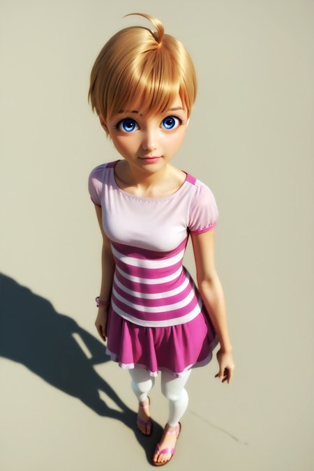 score_9, score_8_up, score_7_up, masterpiece, high quality, solo, imtdroselavillant, 1girl, short hair, blonde hair, dress, blue eyes, striped dress, bracelet, white pantyhose, short sleeves, ahoge, sandals, eyelashes, bangs, cute, kawaii, beautiful landscape, dynamic pose, dynamic angle, random view, rating_safe
