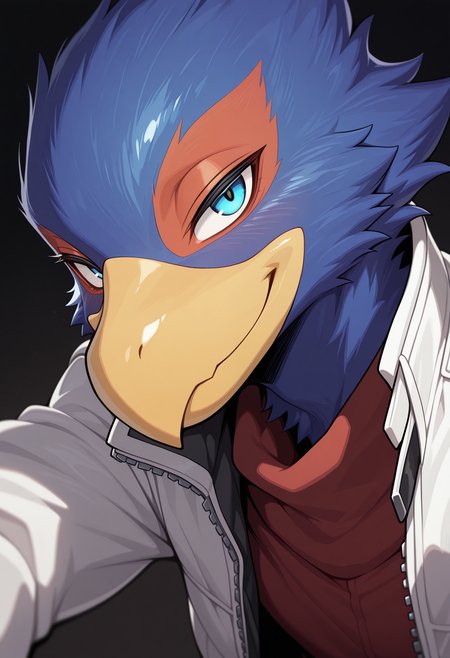 masterpiece, best quality, amazing quality, solo, 1boy, FalcoSF, close-up, smile, white jacket, red shirt