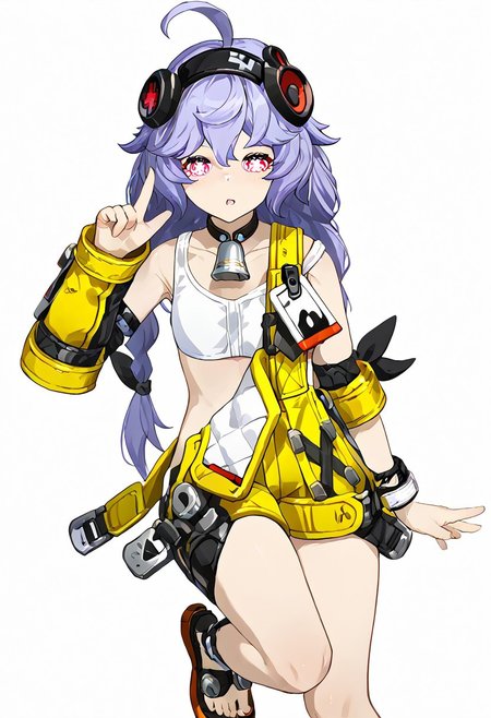 score_9, score_8_up, score_7_up, score_6_up, score_5_up, score_4_up, source_anime, solo, 1girl, 
mhk,shorts yellow, bright pupils, twintails, black bow, bare shoulders, headphones, white pupils, +_+, pink eyes, wristband, flip-flops, id card, black choker,  light purple hair, sports bra, sleeveless, white tank top, ,  low twintails hair ribbon,, red eyes, toeless footwear, arm warmers, multicolored eyes, neck bell, headset, overalls, jacket, hairband, single braid, black hairband, 
masterpiece, best quality, very aesthetic, absurdres,