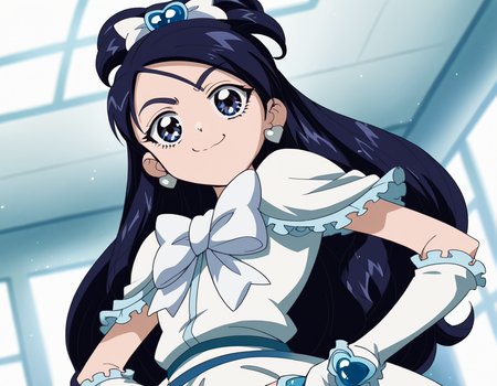 score_9, score_8_up, score_7_up, source_anime, <lora:honoka-yukishiro-anime-ponyxl-lora-nochekaiser:1>, honoka yukishiro, long hair, blue eyes, hair ornament, blue hair, hairclip,, dress, jewelry, earrings, magical girl, half updo, cure white, frills, bowtie, white bowtie, gloves,, indoors, smug, smile, looking at viewer, solo, hands on hips,, cowboy shot, dutch angle