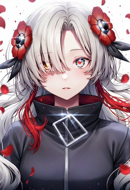 1girl,isekaijoucho,kamitsubaki studio,black coat,coat,falling petals,flower,glint,grey eyes,hair flower,hair ornament,hair over one eye,head tilt,heterochromia,high collar,light blush,long hair,looking at viewer,mismatched pupils,multicolored hair,parted lips,petals,portrait,red eyes,red flower,red hair,sidelocks,simple background,solo,star-shaped pupils,star \(symbol\),streaked hair,symbol-shaped pupils,upturned eyes,virtual youtuber,wavy hair,white background,white hair,zipper pull tab,straight-on,two-tone hair,floating hair,close-up,expressionless,blush,red rose,eyelashes,multicolored coat,yellow pupils,rose <lora:manaXL_NBVP1_lokr_V6311PZ:0.95>