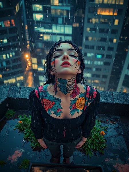 view from above, rooftop, russian woman standing with eyes closed, looking at camera, itâs raining, raindrops are pouring down on her face, Neon tattoos run across her face, suggesting a fusion of organic and artificial elements, Near the sun exotic plants break through asphalt, The surroundings resemble a high-tech metropolis with illuminated windows and blocks of data forming a complex, fragmented pattern. The image exudes a sense of dystopian mystery, combining cybernetic eroticism with digital surrealism, as if it emerges from or is absorbed by the virtual world., aidmaMJ6.1, <lora:aidmaMJ6.1_v0.5_3:0.7>, <lora:sameface2:-0.6>