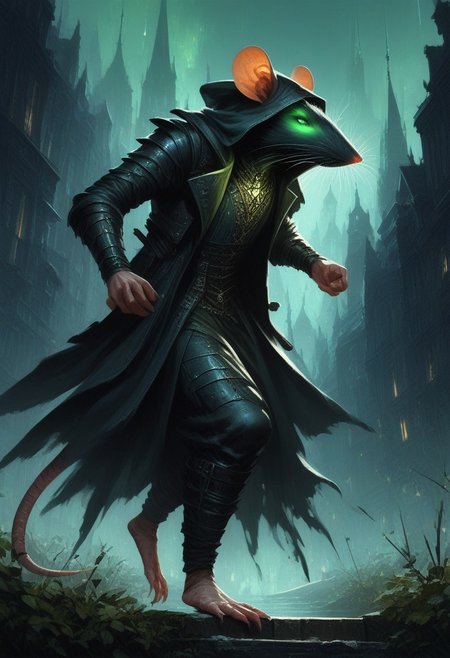 BREAK score_9, score_8_up, score_7_up,  victorian city, night, ominous, solo,  rat man, black longcoat, wearing goggles, green glow eyes, hood, dynamic pose, leaning forward, fully body shot , leather armour, sneaking, full body shot
(masterpiece, best quality, ultra detailed, intricate details:1.2), (detailed face:1.1), (rat folk:1.5)