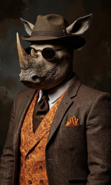 ZooPolis art. A photo-realistic shoot from a frontal camera angle about a stylized anthropomorphic rhinoceros wearing sunglasses and a tweed suit with an orange vest and a matching hat. the image also shows a dark, textured background with subtle gradients. on the middle of the image, a male animal, likely a rhino, appears to be standing, wearing a brown tweed blazer, an orange paisley patterned waistcoat, a white shirt, a black tie, and a brown pocket square. he has a serious expression and is facing the viewer. he is wearing sunglasses, a hat, and has a pair of horn-like ears. his body is muscular and he is not wearing any shoes or pants.