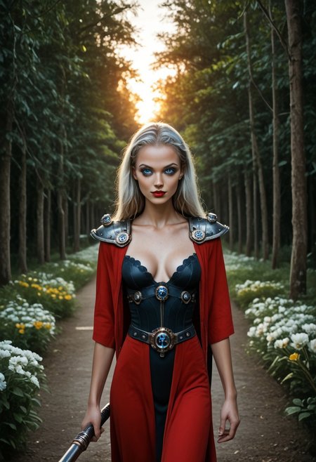Realism_Quality_2xx_By_Stable_Yogi, score_9, score_8_up, score_7_up, 1girl, solo, beautiful mature female, 34 years old, female, curvy, looking at viewer, ultra realistic, bright blue eyes, masterpiece, high detailed skin, red lips, long hair, massive_breasts:2.6,  seductive smile, sultry, serious stare, stern look, dynamic, firm breast, eye shadow, makeup, milf, hands hidden, realistic, lipstick, autumn, sunny, streaked hair, red hair, white streaks, absurdres, highres, sunset, flower garden, trees, dusk, breasts, adeptus mechanicus, red robe, tech priest, mechanical joints, ambient occlusion, white hair, dark makeup, goth girl, 1girl, looking at viewer, eye contact, full body shot, dynamic pose, midriff, shoulder pads, detailed background, holding a weapon, electro-whip, perfect eyes, detailed eyes, Na'vi, <lora:EnvyDarkImpressionismXL01:2.8>