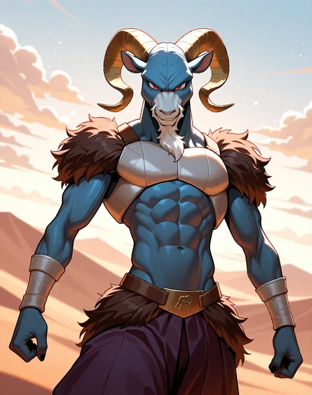 <lora:Moro_2nd_Form_(Dragonball_Z)_(Illustrious)_(AD):1.15> Moro, muscular, goat,
dutch angle, exterior, desert, sky with detailed clouds,
male focus, gradient coloring, solo, cowboy shot, bent leg, perfect proportions, goat head, blue body, soft shading, evil smirk, old, wrinkles, white beard, brown fur shoulders, brown fur waist, white chest armor, 
BREAK very awe, aesthetically pleasing, masterpiece, best quality, amazing quality, very aesthetic, perfect depth of field shot, in'ei, furry_art, source_furry, source_anime,
EZRealPONYXL, zPDXL, Smooth Quality, lazympos, IllustQualXL_Pos,