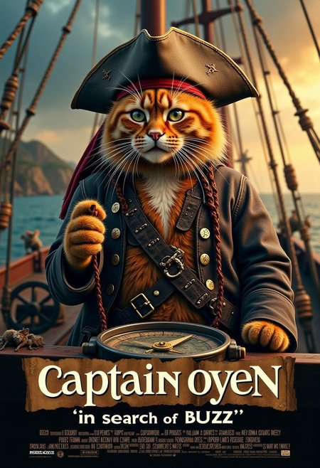 a realistic picture, ((("captain oyen ,in search of BUZZ"") text logo:1.9 <lora:Harrlogos_v2.0:1.9>, displayed on the top )) (full body), (Pirates of the Caribbean movie splash screen, fluffy fat cat dressed as Jack Sparrow on a ship),orange cat wearing pirate hats,holding on a compass,  on a pirate boat, in background cat crew's busy fighting the pirate mouse,  hyper-detailing, hyper-realism, sharp shot, cinematic, action-packed background5)
 mvpstrCE style
((((Display the text ", in search of BUZZ!" on the bottom of a movie poster)))).mvpstrCE style