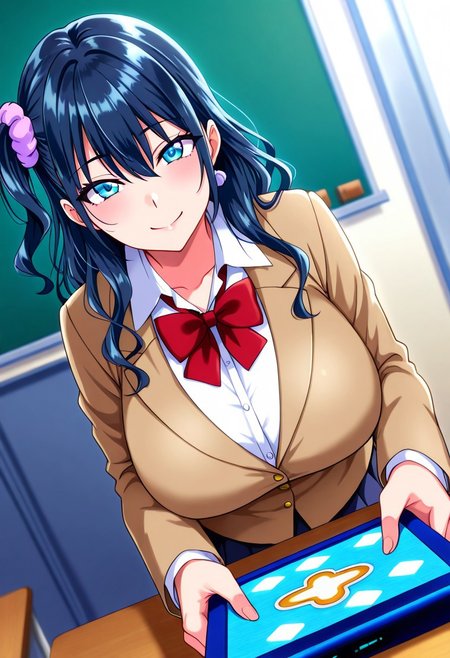 general,highres, ultra-detailed,very aesthetic,best quality ,best hands,best eyes,easynegative,
dynamic anglre, dutch angle, anime cloring,
1girl solo,looking at viewer,smile,school,play game,game,
Ayane Suiki,black hair,long hair,blue eyes,huge breasts,wavy hair,side tail,hair ornament,school uniform,