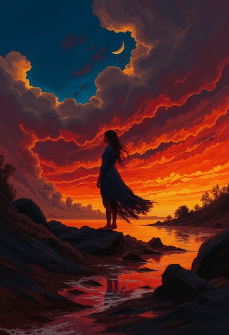 A breathtaking, cinematic photograph  of a solitary woman standing on jagged rocks at the water's edge, silhouetted against a vibrant sky ablaze with fiery reds and oranges, streaked with soft, swirling clouds and a glowing crescent moon. Her flowing dress moves gently in the wind, her arms outstretched in an evocative gesture of longing and connection. The dramatic lighting intensifies the contrast between the blazing warmth of the sky and the deep, shadowy blues of the rocks and water, adding depth and heightened emotion to the scene. Bold rim lighting bathes her silhouette in a fiery glow, emphasizing her presence and creating striking separation from the vivid background. The water reflects the intense hues of the sky, shimmering with molten tones that draw the viewer’s eye toward the horizon. In the background, faint outlines of distant rocks and trees add texture and mystery, completing this surreal yet emotionally charged visual narrative. Conceptual, cinematic, vibrant. vantablack DB4RZ DB4RZ style painting