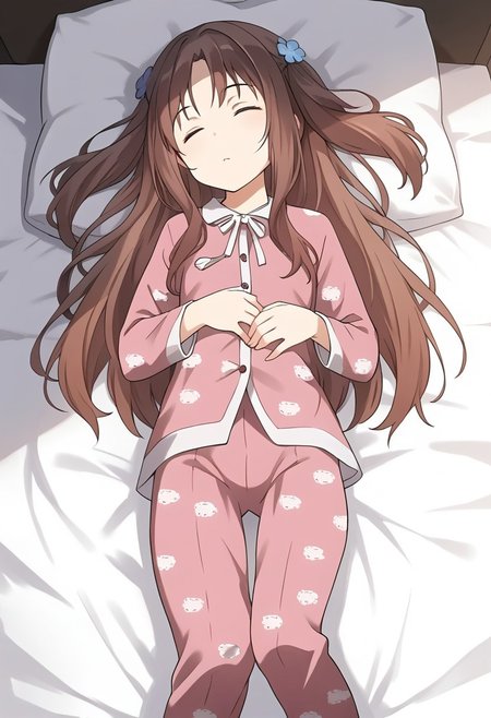 score_9,score_8_up,score_7_up,best quality, 4k, rating_safe, very aesthetic, source_anime, 
1girl,
<lora:Hozuki_Ferrari:0.9>,hozuki_ferrari,sleeping,brown hair,long hair,two side up,hair ornament,hair flower,(print pajamas:1.6),
dynamic angle,
cowboy shot,bed,lying,feet,