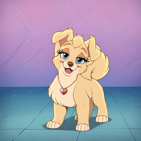 score_7, score_8, score_9, angellat, dog, (((light yellow fur))), full body, solo, three-quarter view, body fur, blue eyes, female, solo, feral, furry, fluffy, hight definition, pink heart necklace, hyper detailed, best quality, amazing quality, 1girl, cute, cute smile, cute pose, 8k, masterpiece, eyelashes, half-closed eyes, angellat, dog, yellow fur, body fur, blue eyes, looking at viewer, sweety pose, reddened in the face, happy, smiling, sweet, friendly, flirty, playful, open mouth, adorable, colorful, <lora:Furry_Enhancer Chroma V1:1>