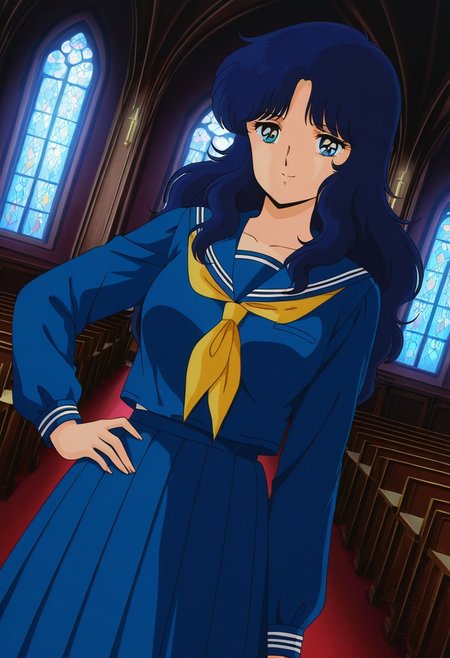 general,highres, ultra-detailed,very aesthetic,best quality ,best hands,best eyes,easynegative,
dynamic anglre, dutch angle, anime cloring,anime screencap,
1girl solo,looking at viewer,smile,hand on hip,church, indoors, dark room, 
Naomi Hayakawa,navy blue_hair, long_hair, wavy hair, blue_eyes  large_breasts, 1980s (style),school uniform,