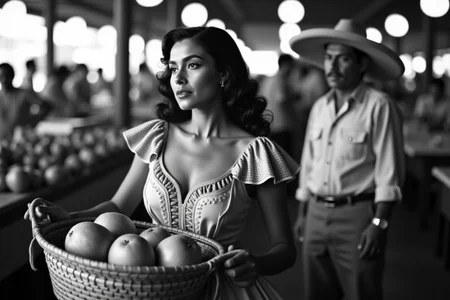 <lora:Mexican Noir Style-flux:1> mxnoirsty, black and white, dark,  The Mysterious Woman in the Marketplace (Classic 50s Noir Lighting, Soft Bokeh for Dreamlike Effect)
A breathtaking woman in a traditional Mexican embroidered dress walks through a bustling mercado, her gaze fixed on somethingâor someoneâjust beyond the frame. She holds a woven basket filled with fresh mangoes, her dark eyes framed by long lashes. Behind her, a man in a light guayabera shirt and Panama hat watches her intently from the shadows. The shot is taken with a classic 1950s Zeiss Ikon camera, using a soft bokeh effect that makes the crowded market blur into a dreamlike haze, drawing all attention to her enigmatic presence.