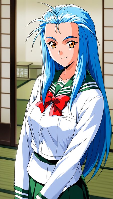 score_9, score_8_up, score_7_up, source_anime, rating_explicit, BREAK <lora:Minazuki_Kotoko_XL:1> Minazuki_Kotoko, blue hair, long hair, orange eyes, medium breasts,
1girl, solo, school uniform, looking at viewer, 1990s (style), retro artstyle, upper body, bow, serafuku, red bow, long sleeves, striped, forehead, closed mouth, sidelocks
 standing, tatami,  smile,looking at viewer, cowboy_Shot,