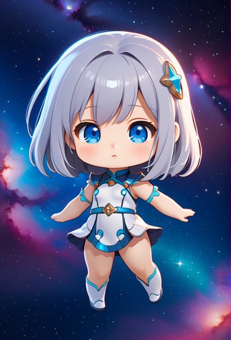 (1girl, solo, chibi, bizhi, bochi:1.3), a chromatic aberration figure in galaxy, masterpiece, best quality, very aesthetic, high res, illustration, extremely detailed, 8k, wallpaper