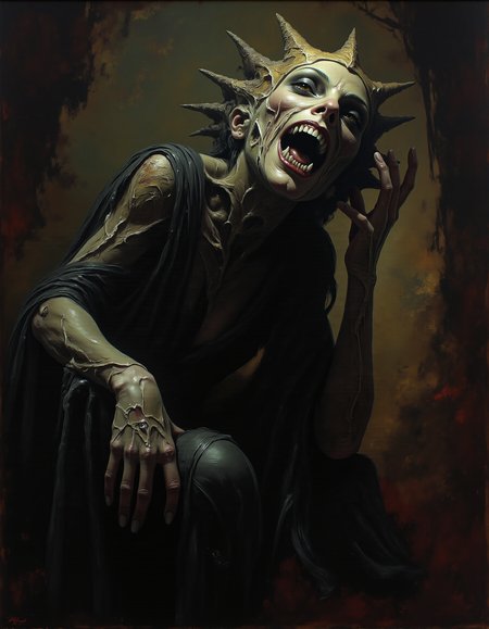 A painting of a lichen Queen mocking the viewer. The once beautiful woman transformed into a grotesque hull of herself. The whole scene has a dark, moody and sinister atmosphere. Her skin parched, her eyes glassy. She is tortured by her lost beauty, trying to haunt anyone who still possesses it.
<lora:dark_fantasy_flux:0.9> <lora:19th_century_American_painting:0.2> pa1nt1ng   <lora:aidmaMJ6.1-FLUX-V0.1:0.8> midjourneyv6.1