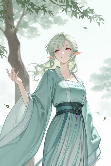 masterpiece, best quality, very aesthetic, newest, absurdres, highres,
<lora:YuYuHuadiaoIllustriousV1:1> yuyuhuadiao,
1girl, solo, 
pale green hair, light purple eyes, curly hair, curly sidelocks, medium hair, straight bangs, asymmetrical bangs, pointy ears, elf,
looking  away, smile, parted lips,  hanfu, hand up, tree, floating hair, long sleeves, wide sleeves, leaf,