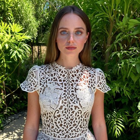 8k, RAW photo, highest quality), beautiful (white skin woman),  , dress, (detailed eyes:0., (looking at the camera:1.4), (high-resolution image), (best shadow) , skin textures, intricate details, exteriour garden