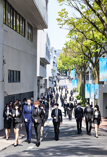 masterpiece, best quality, very aesthetic, absurdres,
osakageidai, tree, real world location, 6+boys, multiple girls, multiple boys, outdoors, suit, formal, day, scenery, building, skirt, street, road, 6+girls, brown hair, necktie, walking, city
 <lora:osaka_geidai_SDXL_V1:1>