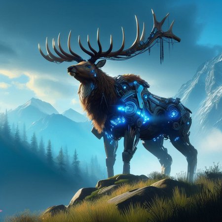 (Ultra Realistic:1.0),32k,(Masterpiece:1.0),(High Detailed Skin:1.0),( High Quality:1.0), (Detailed Realistic Background:1.3), (Official Art, Beautiful and Aesthetic:1.2), (Realistic Lighting:1.0), glowing, day, science fiction, nature, grass, deer, scenery, mountain, non-humanoid robot, forest, "An imposing, machine-like elk standing majestically on mountain edge looking at sky, its intricate mechanical parts inspired by the Horizon Zero Dawn style. The elk’s body is a blend of organic and metallic elements, with glowing blue lights coursing through its frame, reflecting the technological sophistication of a bygone era. Its angle are vast and sharp, made of gleaming steel, resembling a regal crown.
The scene is set in a deep of field, epic cinematic lighting, view from below dramatic sky with beams of cinematic light piercing through the canopy, casting dramatic shadows across the elk’s form. The atmosphere is epic and tense, as the elk stands still, as if inspecting its surroundings with quiet intelligence. The mood is both mysterious and foreboding, emphasizing the contrast between nature and technology, framed in high resolution and intense detail, evoking the visual grandeur and storytelling depth of Horizon Zero Dawn."
